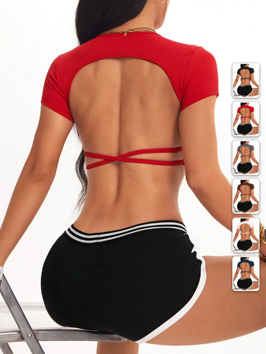 Workout Crop Top Baby Pink Open Back Spaghetti Strap Fitted Summer Athleisure