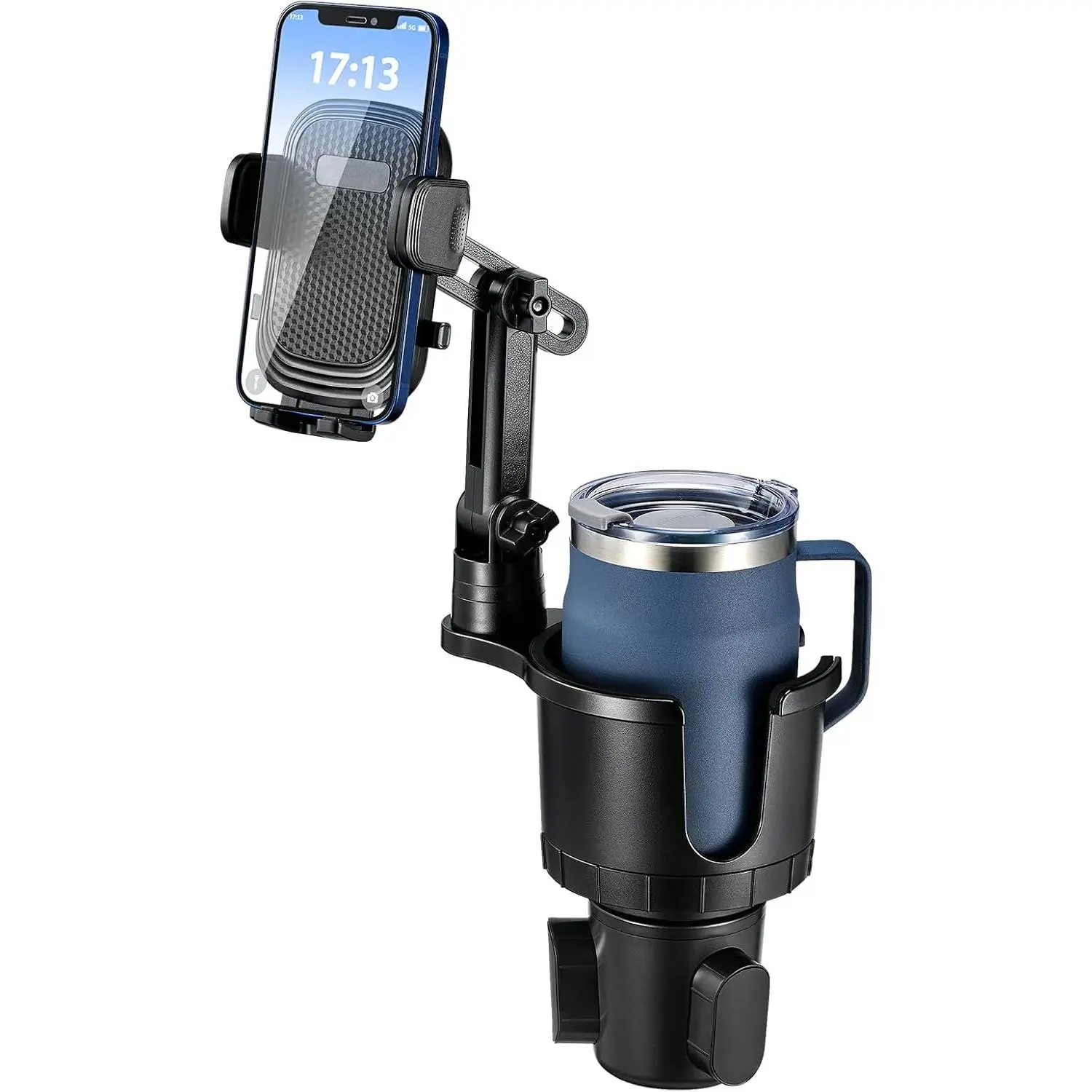 Car Cell Phone Mount - Upgraded 2-in-1 Car Cup Holder Expander with Adjustable Non-Slip Base, 360-Degree Rotation, Universal Fit for 14+ Smartphones, Synthetic Build, 12-Month Manufacturer Warranty, 18-40 oz Capacity for Safe Driving Experience