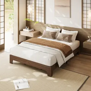 Queen Size Wooden Platform Bed – Natural Grain Low Profile Frame, No Headboard Required, Eco-Friendly Solid Wood, Silent & Quick Assembly
