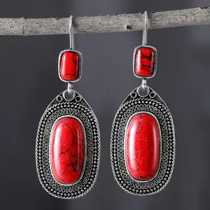 1 Pair Vintage Court Style Alloy Dangle Earrings With Red Imitation Gemstones, Elegant Faux Turquoise Earrings Jewelry Accessories