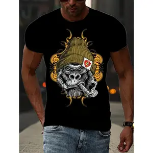 Men's 3D Gorilla Animal Graphic Short-Sleeve T-Shirt - Slightly Elastic, Breathable Casual Tops for Outdoor Activities, Grunge Style with "Eat Sleep Goon Repeat" Print, Shortsleeve