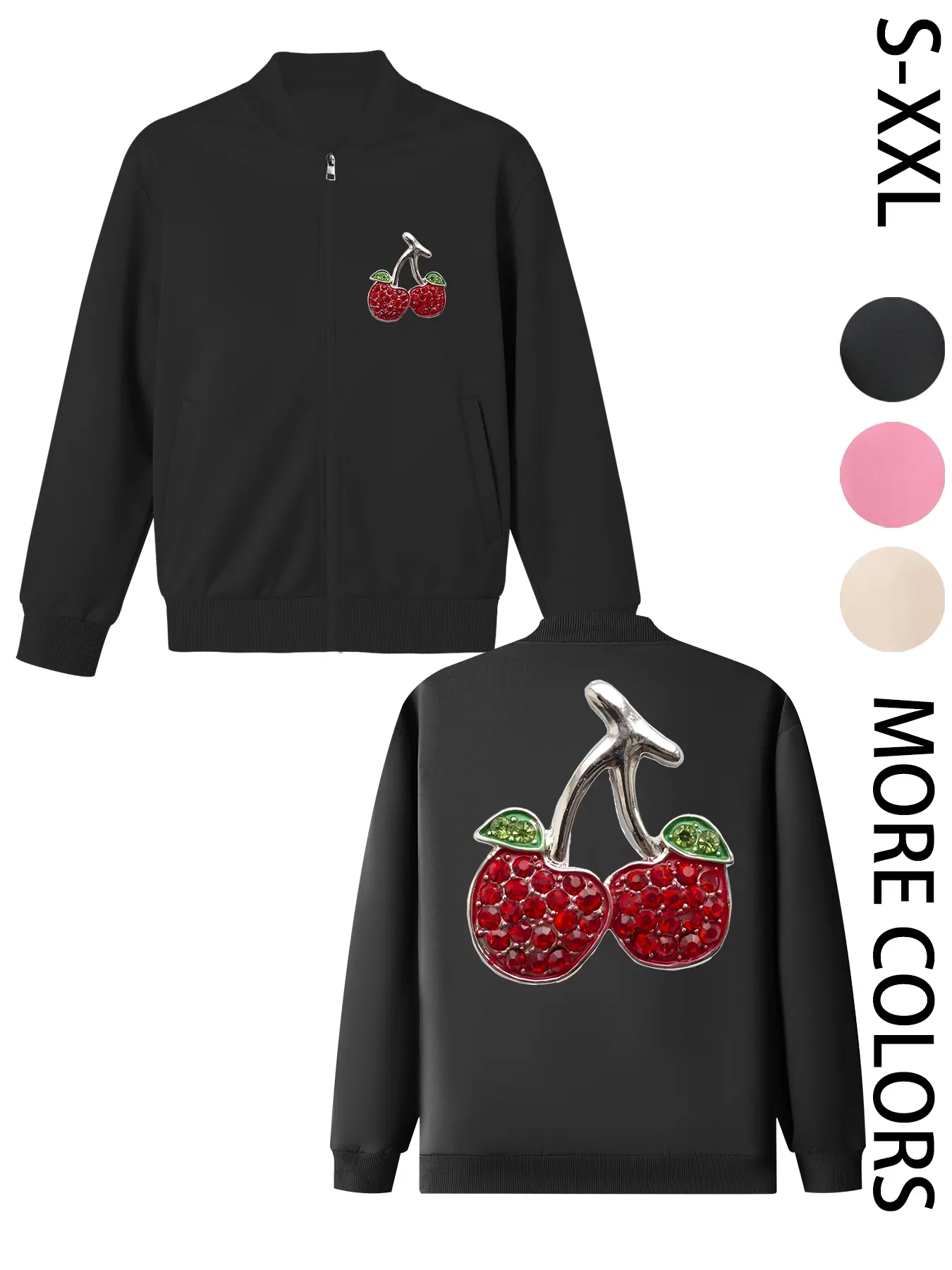 Women's Red Shiny Cherry Printed Zip-Up Long-Sleeve Jacket, 4-Season Casual Long-Sleeve Bomber Jacket, Stylish Outerwear for Daily Wear & Outdoor Activities, Layered Style