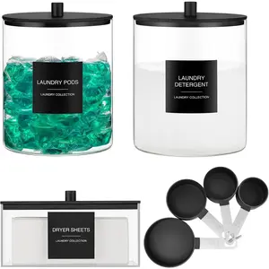 3 Pack Glass Jars and  Dryer Sheet Holder, Laundry Pods Container with  Lid and Measuring Cups for Laundry Room Organization,  Detergent Containers (Black)