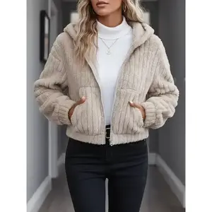 Women's solid color pocket zipper fuzzy hooded jacket, autumn and winter casual off shoulder long sleeved outerwear, women's daily clothing, outerwearRAIMENTRY