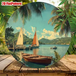 2D Flat Aluminum Circular Wall Art 7.87 Inch Tropical Coastal Sailboat Scene with Palm Trees Blue Waters Frameless Decor for Living Room Dorm Housewarming Gift Nautical Metal Art