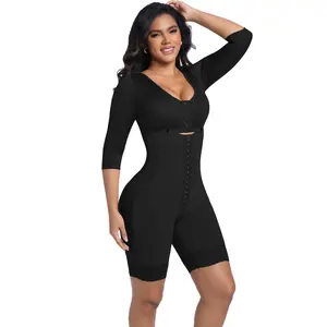 1 long sleeved women's shapewear with integrated buttons in the front three rows | crotch opening | hip lifting lace anti chest button design, 3D support elastic fabric on the hips, lace non slip straps on the legs, no displacement