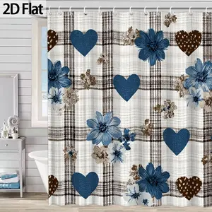 Floral Heart Shower Curtain, Blue Flower and Heart Plaid Pattern, Polyester Fabric, Seasonal Decor Gift for Home, Tub Partition Hanging Curtain, Includes Hooks, 72 x72 Inches