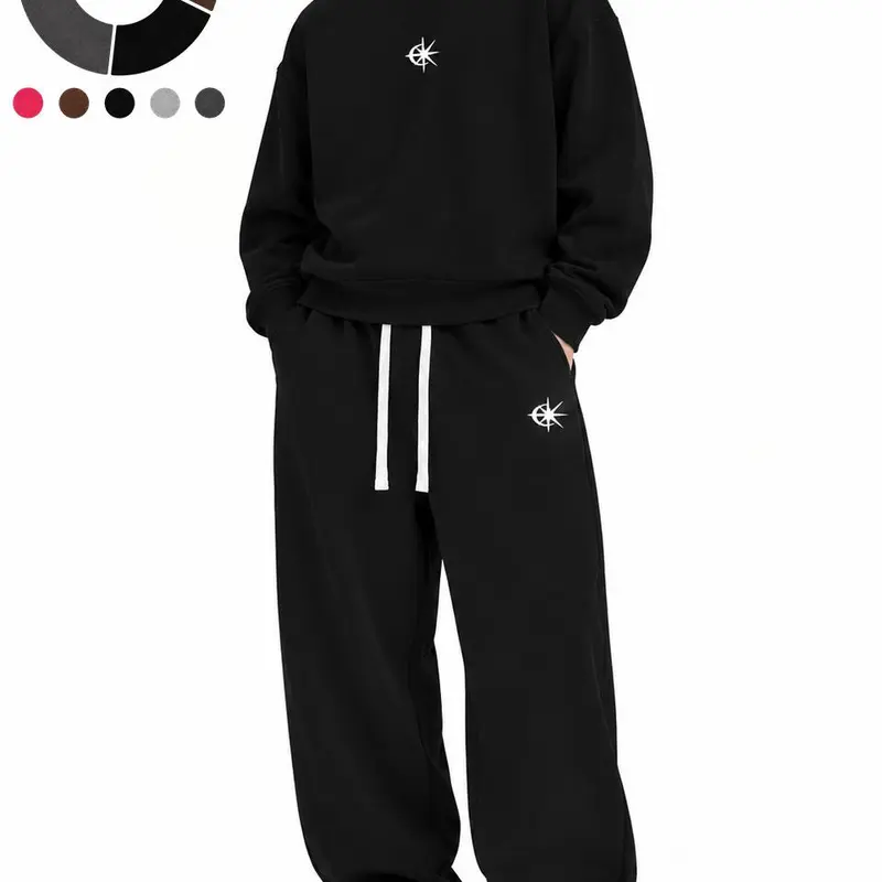 Men's Stylish 2-Piece Loose-Fit Loungewear Outfits - Oversized Crew Neck Longsleeve Sweatshirt, Wide Leg Drawstring Pants, Small Chest Logo Print, Casual Street Daily Wear