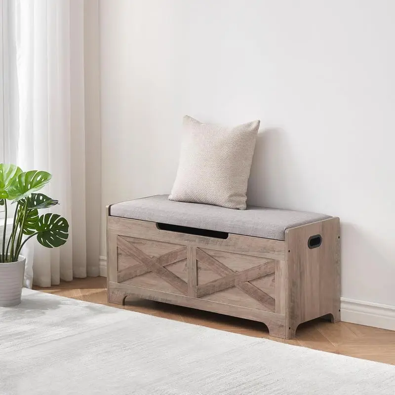 Grey Farmhouse Wood Storage Chest with Seating - 2 Safety Hinges, Entryway Bench, Living Room Decor, Home Organizer for Bedroom, Foot Rest Stools