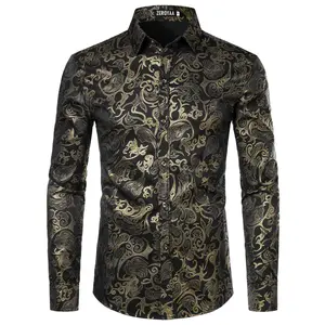 ZEROYAA Men's Luxury Gold Prom Design Slim Fit Long Sleeve Button up Party Dress Shirts