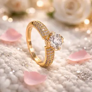 Elegant Gold-Tone Ring with Center Stone and Pave Setting for Women's Fashion Jewelry