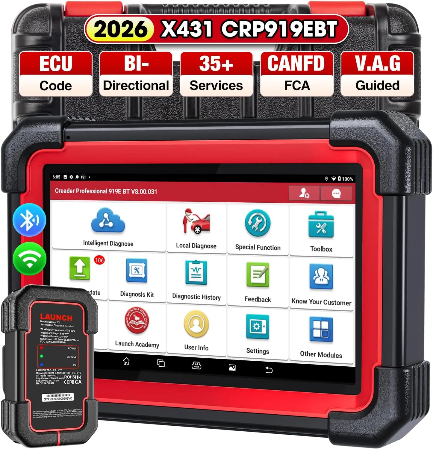 LAUNCH X431 CRP919EBT OBD2 Scanner Diagnostic Tool - Wireless Bluetooth Bidirectional Tester with Touch Screen, Wi-Fi, 4+64GB Storage, CANFD/DOIP, FCA AutoAuth, 35+ Resets, VAG Guided Repair, All Systems Check, 2-Year Updates (Upgraded of CRP919E), Digita