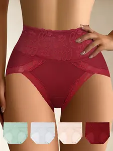 QUASTI 4 Pieces High-Waisted Lace Patchwork Women's Briefs, Elastic Sexy Mix Colors Underwear, Colorful Breathable Soft Comfort Panties, Fashion Briefs Set for Women Girls Dailywear, S-XXL Womenswear Lingerie underwear for women
