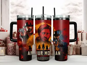 Red Dead Redemption 2 Arthur Morgan Outlaw Character Tumbler - Epic Red and Black Wild West Art 40oz Insulated Stainless Steel Travel Mug with Handle and Straw - Perfect Gift for RDR2 Fans