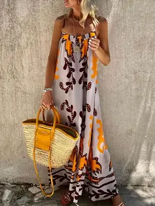 Backless Sexy Dress, Strap Vacation Style Long Dress, Bohemian Fashion Casual Ethnic Wind Aesthetic Vibe Womenswear Dress, Perfect for Beach Sand Travel