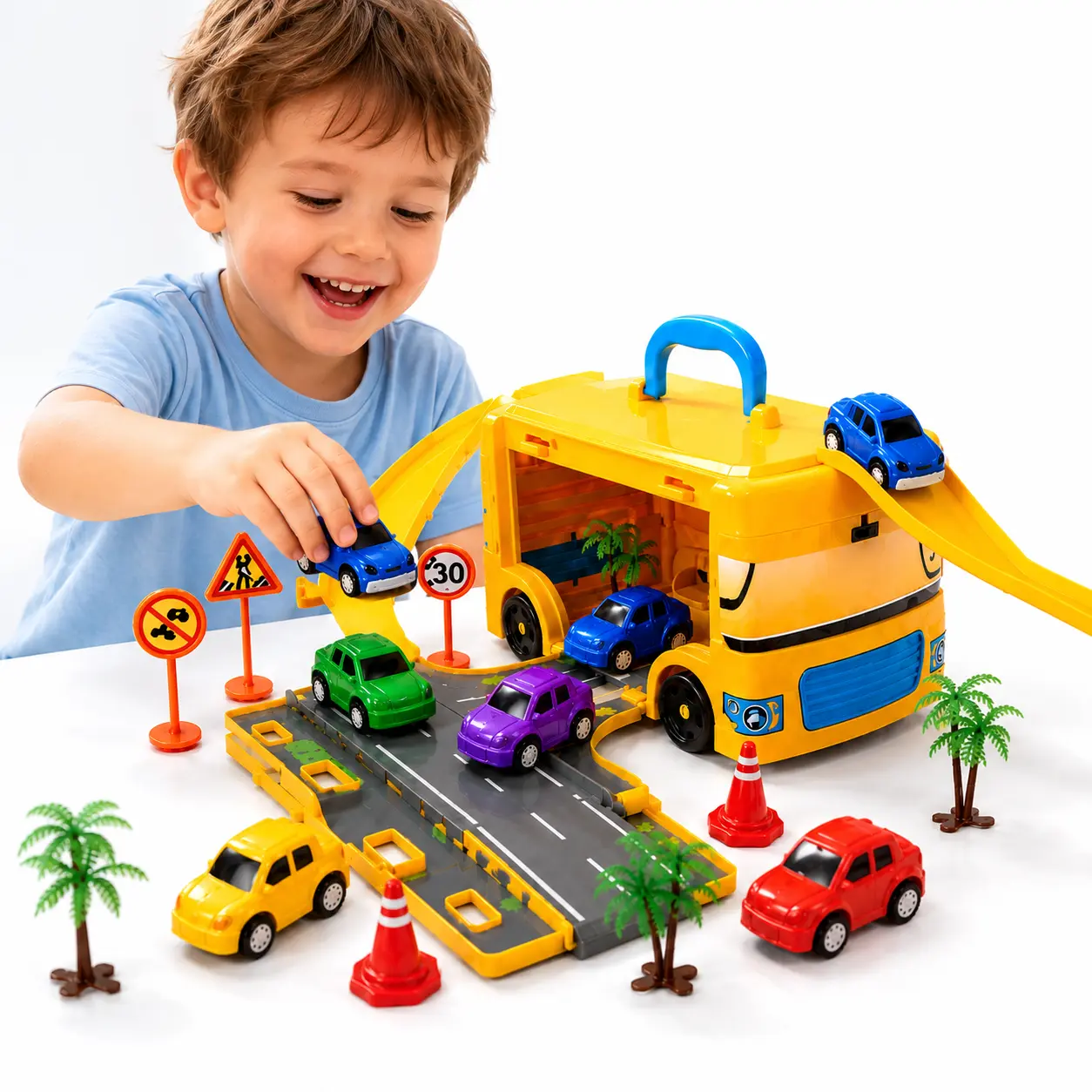 Car Carrier Playset with Fold-Out Road Track & Mini Cars, Portable Storage Truck Toy, Halloween & Christmas Gift for Kids, Blue/Yellow Random Color