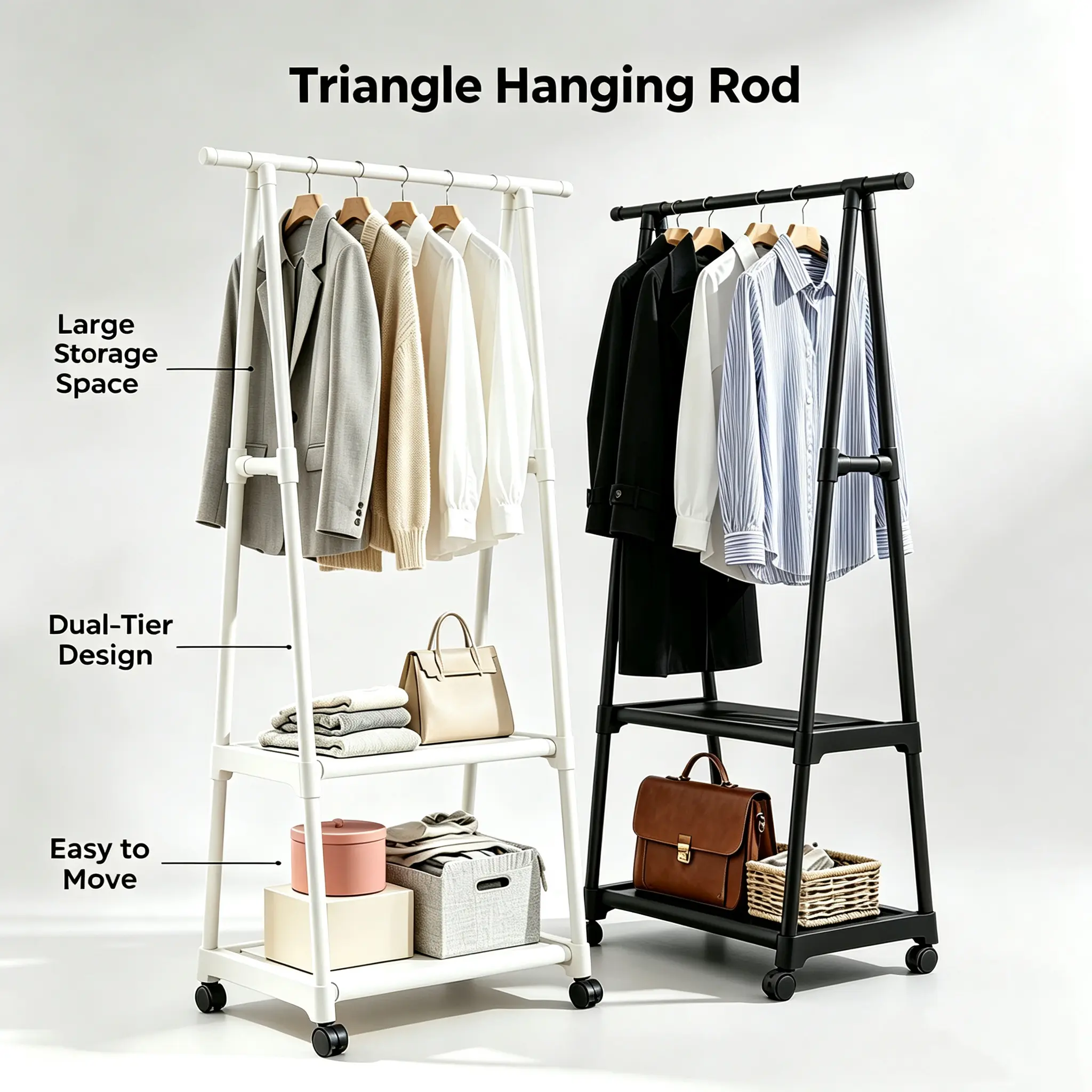 A Frame Rolling Garment Rack with 2-Tier Large Storage Shelves, Universal Casters Mobile Clothes Rack, Freestanding Multi-Purpose Clothing Organizer, Space-Saving Coat Dress Hat Bag Display Stand for Bedroom, Entryway, Apartment Dorm Home Use