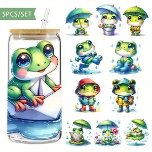 5Pcs/Set Rainy Frog 16oz Glass Jars Wrap Transfer Decorative Paper UV DTF High Self-adhensive Decor Transfer