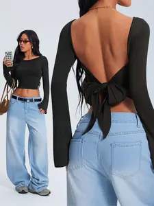 Women's Backless Bow Tie Basic Solid Long Sleeve T-Shirt, Slim Fit Casual Top for Daily Wear, Festive Party Fashion, Womenswear