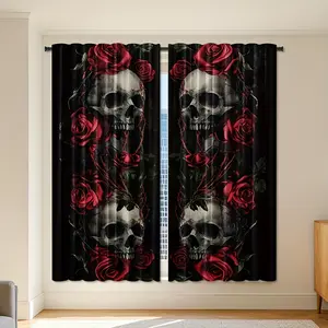 2pcs Skull & Rose Print Curtains - Black Rod Pocket Drapes with Red Roses & Skeleton Design, Gothic Home Decor for Living Room & Office, Easy Care Polyester, Living Room Curtain