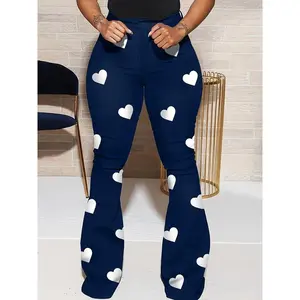 Heart Print Flare Leg Pants, Casual & Versatile High Waist Pants For Spring & Summer, Women's Clothing
