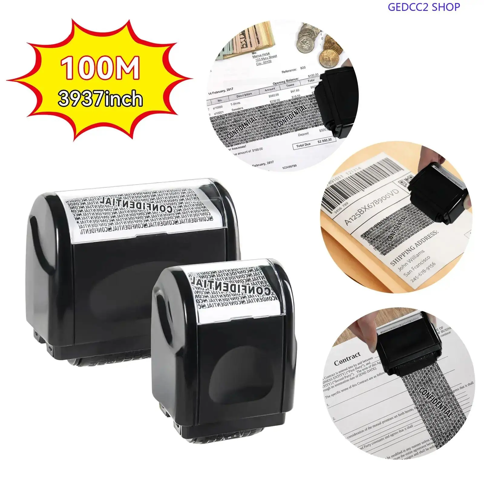 Security Roller Stamp with 100m Long-Lasting Ink - Compact Identity Blocker for Instant Masking on Bills, Mail, and Curved Surfaces, Refillable, Mailing Docs