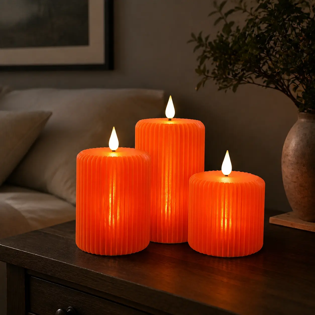 Orange Flameless Pillar Candles Set of 3, Battery Operated LED Candles with Remote, 2/4/6/8H Timer, Dimmable 3D Flame Ribbed Decor for Halloween, Fall & Home