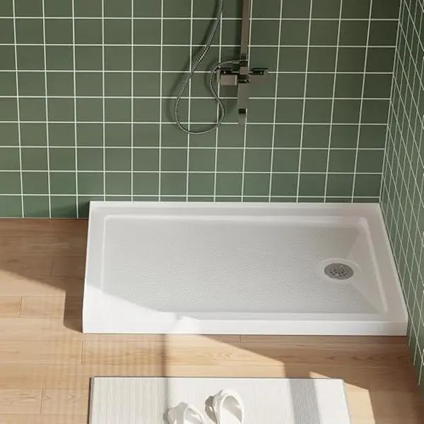 Anti-Slip Acrylic Shower Base, 3 Threshold Bathroom Shower Pan，Right Drain - Round SS Cover