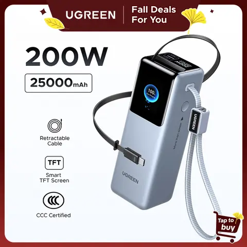 UGREEN Nexode 25000mAh 200W Chargeable Mobile Power Bank Charger - Ultra Fast Dual Port, Built-in Retractable USB-C Cable, Emergency Power for Laptops, MacBook Pro/Air, iPhone 17/16, Smartphone Everyday Carry