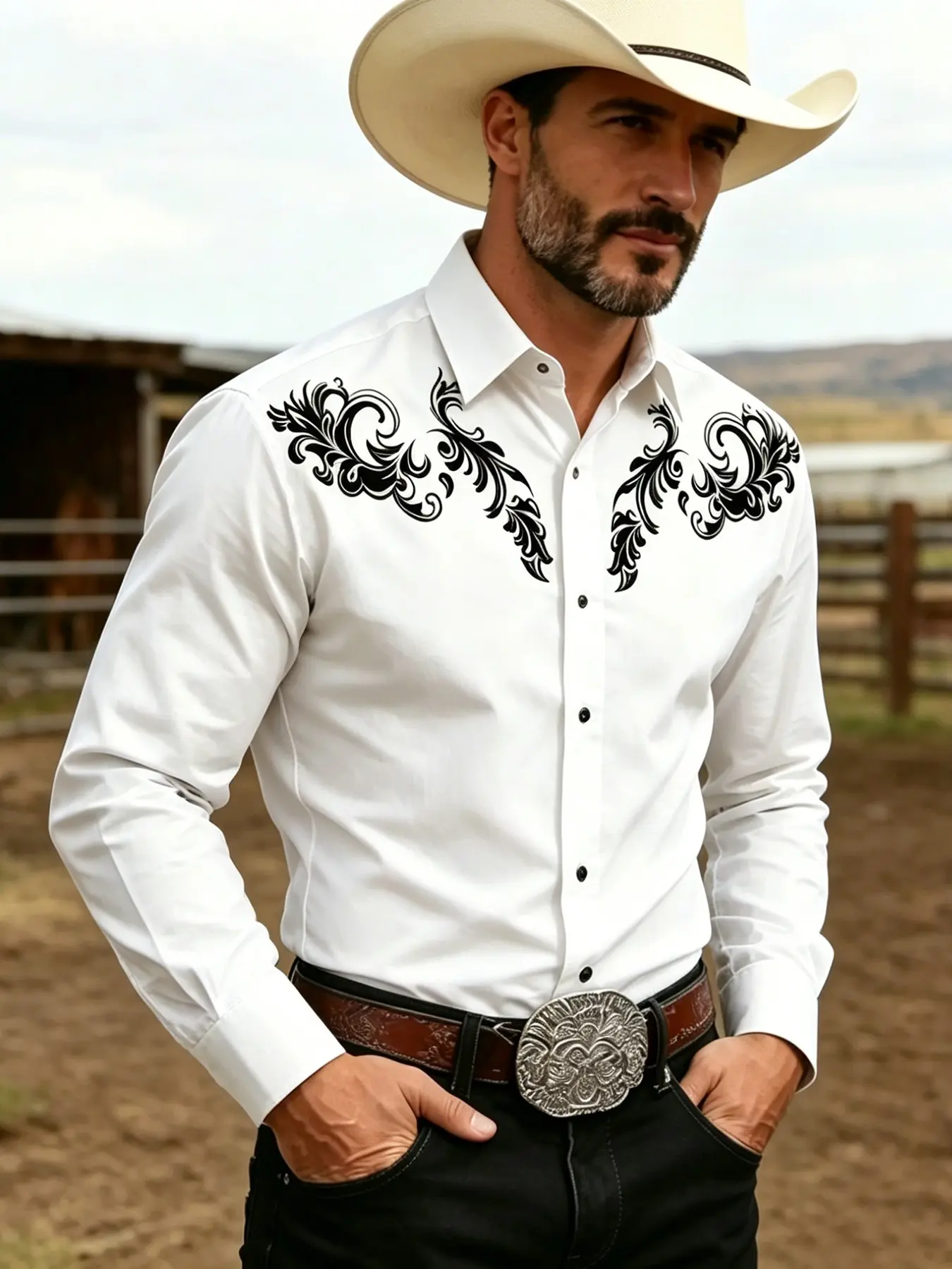 Men's Western Cowboy Print Short Sleeve Shirt, Vintage Print Button-Up, Casual Western Style, Classic Vibe, Ideal for Rodeo, Casual, Parties, Multiple Colors Available