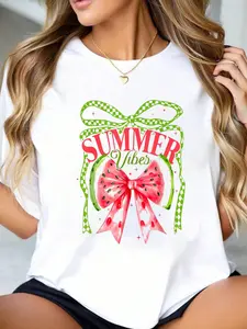 Summer Vibes Coquette Watermelon Bow Hello Summer Beach Girl T-Shirt Summer Outfits For Women T Shirts Women Graphic Tees