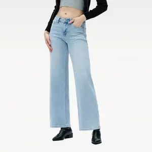 Magic ONESO BBL Jeans for Women Mid-Low Rise Stretch Baggy Fit Comfortable SkyieBow Light Blue Wide Leg Distressed Denim with Tummy Control