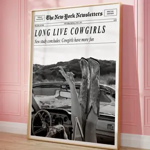 New York Cowgirl Wall Art Poster No Frame, Vintage Newspaper Print, Western Headline Decor, Home Art, Rustic Chic Decor