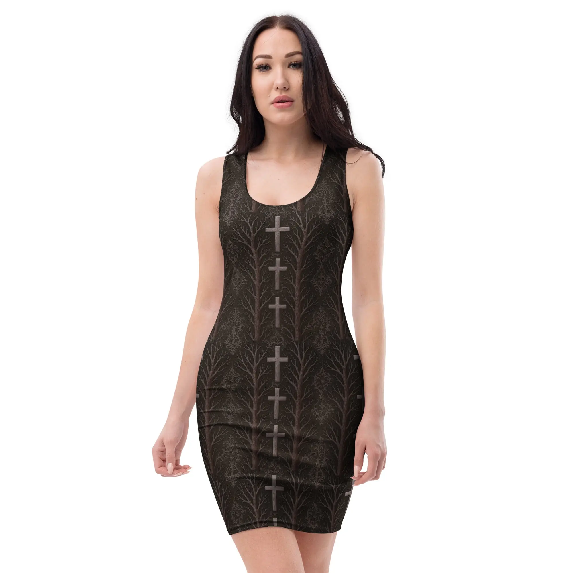 Gothic Cross Forest Bodycon Dress – Dead Trees Spooky Alt Fashion Outfit, Dark Aesthetic Gift for Women