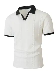 New Patchwork Short Sleeve Polo Neck T-Shirt for Men, Solid Color Jacquard Casual Business Style Top, Comfortable and Stylish