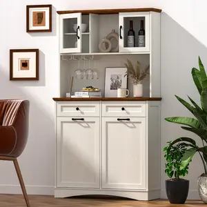 AHB 13 Gallons Tilt Out Trash Cabinet 72" Kitchen Pantry Storage Cabinet Microwave Stand Free Standing Recycling Trash Cabinets with Drawers and Adjustable Shelves for Kitchen, Antique White