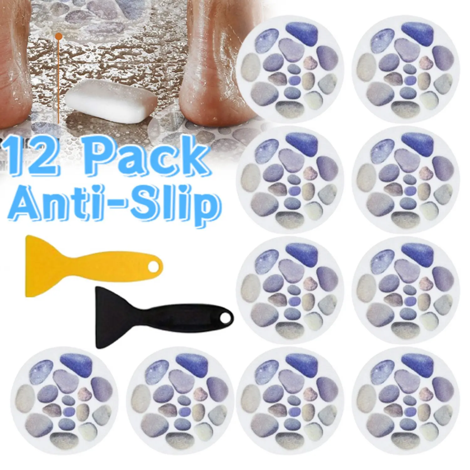 10PCS 5.9 Inch Diameter Large Cobblestone Silicone Non-Slip Bathtub Stickers Set with 2PCS Premium Scraper, Durable Smooth Adhesive Treads, Easy to Set Up for Shower & Bathtub, Home Improvement Wall Supplies for Boys and Girls