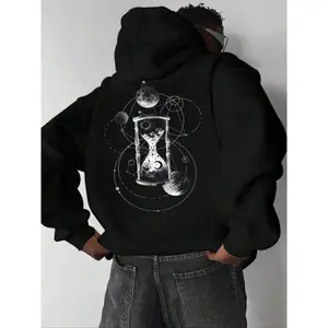 Men's Sandglass & Planet Print Drop Shoulder Thermal Lined Hoodie, Fashion Casual Regular Fit Drawstring Pocket Hooded Sweatshirt for Daily Holiday Outdoor Wear, Men Clothes for Fall & Winter