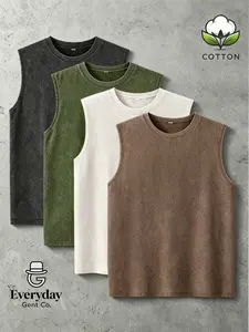 American Vintage Washed Cotton Sleeveless Tank Top for Men, 4 Color Set, Loose Fit Sporty Vest, Retro Style, Comfortable and Durable