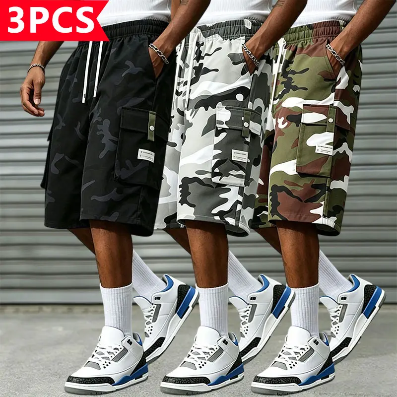 3-Pack Men’s Camouflage Cargo Shorts, Loose Straight Fit + Large Pockets, Elastic Waist with Drawstring for Comfortable Wear Without Tightness, Durable Fabric Suitable for Everyday/Outdoor Use. Effortlessly create a street-style cool outfit