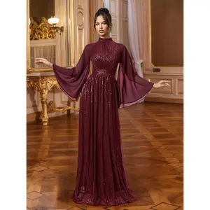 Elegant women’s round-neck long-sleeve evening dress, formal gown for weddings, parties, opera nights, charity events