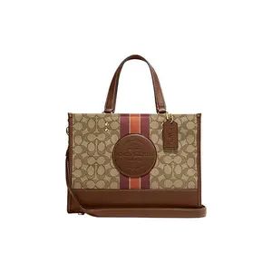 COACH Dempsey 29 Tote Bag for Women – Classic Monogram Stripe with Snap Closure, Fabric and Leather, Brown and Green