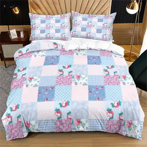 Pink & Blue Patchwork Floral Duvet Cover Set, 1 Duvet Cover with 1/2 Pillowcases, Cottagecore Plaid & Flower Bedding for Bedroom, Dorm & Guest Room