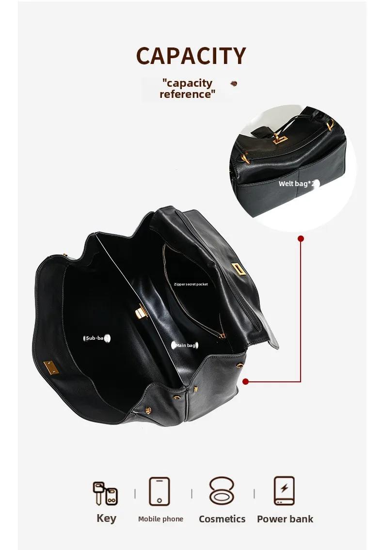 Minimalist Black Leather Work Tote Bag for Women Large Capacity Shoulder Bag with Gold Hardware