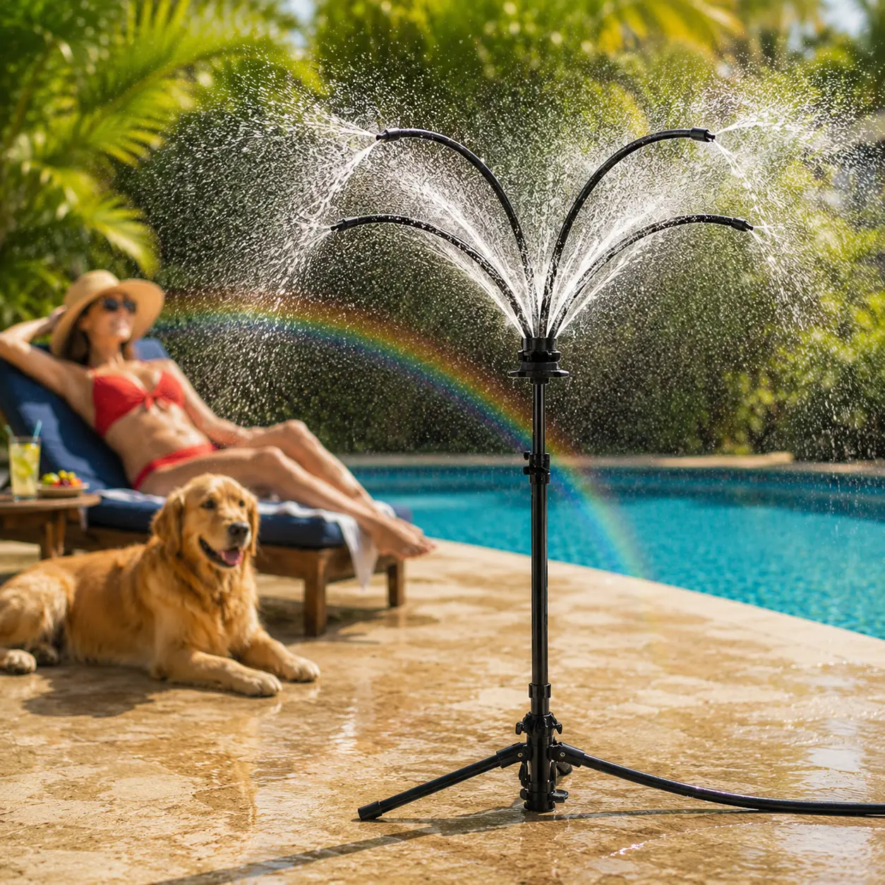 Home Care Supplies 4-Nozzle Freestanding Outdoor Fine Mist Cooling System, Standard Hose-Compatible Courtyard Sprayer for Pool Edges, Backyards