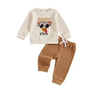 Toddler Baby Boy Thanksgiving Outfit Turkey Letter Long Sleeve Pullover and Solid Elastic Waist Pants 2 Piece Fall Set