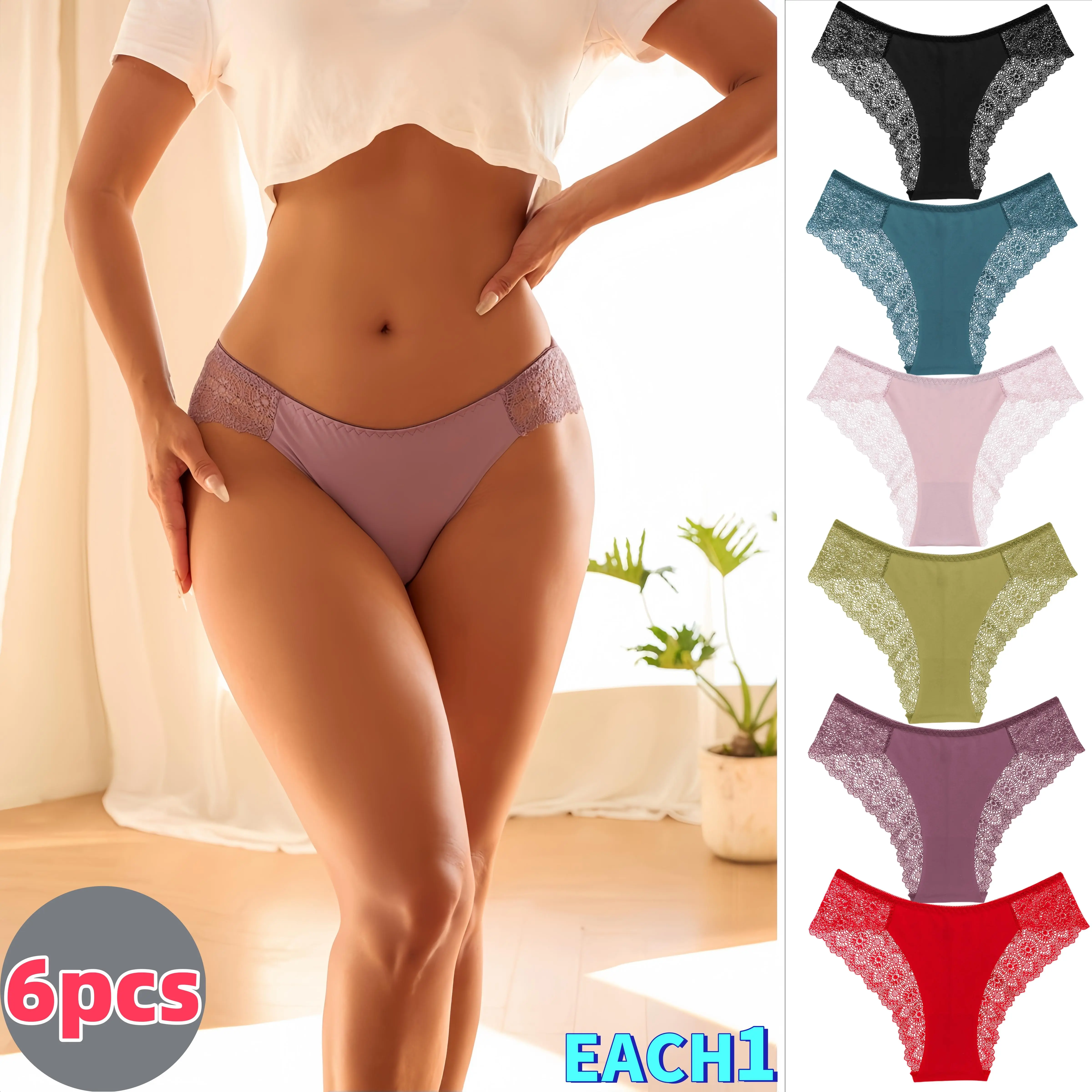 Women's 6-Pack Minimalist Seamless Colored Lace Briefs Set - Basic, Sexy, Fashion Breathable, Soft, Skin-Friendly, Elegant, Low Waist, Plus Size Packaged Underwear Lingerie - Ideal for Everyday Wear, Christmas Gifts