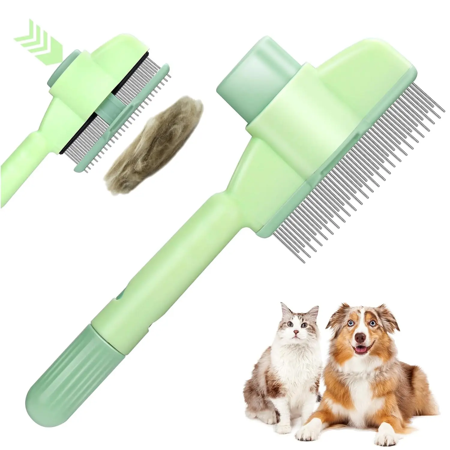 Pet Hair Removal Comb One-Click Self-Cleaning Grooming Brush for Dogs & Cats - Green Design, Versatile for Short & Long Hair, Easy Maintenance