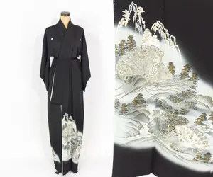 Vintage Kimono Black Silver Embroidered Silk Kimono