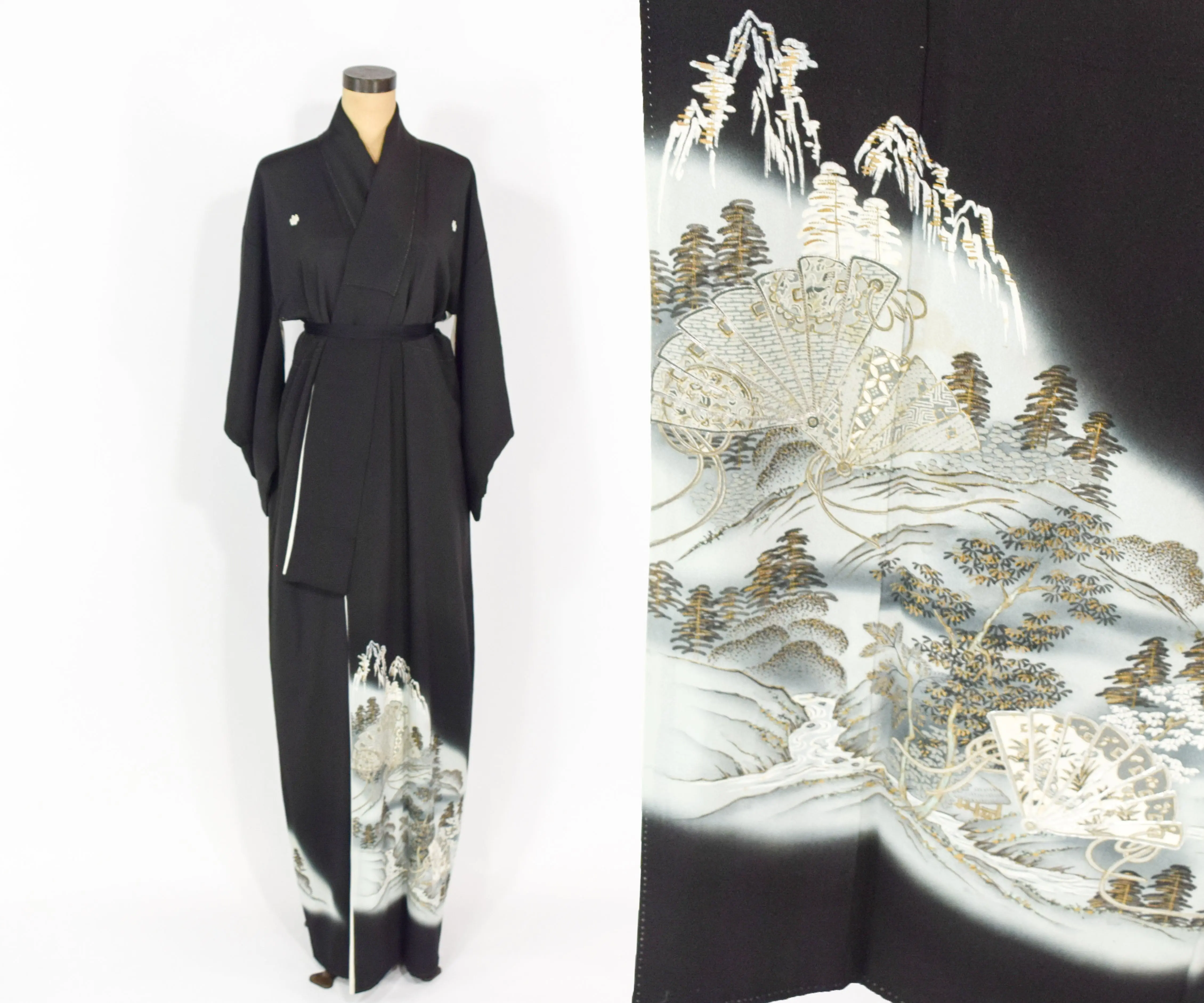 Vintage Kimono Black Silver Embroidered Silk Kimono